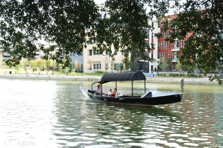 a gondola floating on water with trees