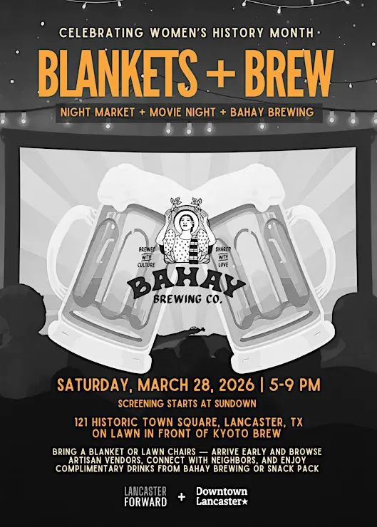 Blankets + Brew Night Market and Movie Night Flyer - March Events in Dallas